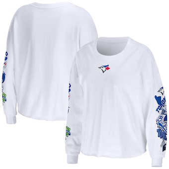 Women's Toronto Blue Jays WEAR by Erin Andrews White Celebration Cropped Long Sleeve T-Shirt
